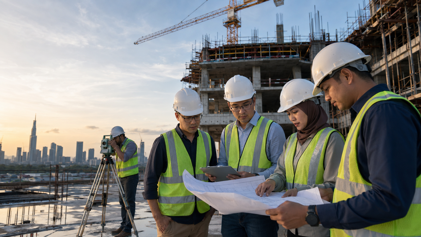 Pasukan profesional pembinaan menyemak pelan kerja di tapak projek